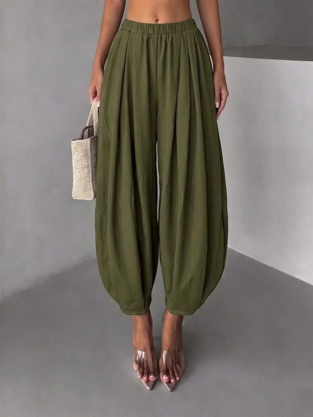 Olive Green Casual Women's Textured Fabric  Loose Tapered Leg Pants
